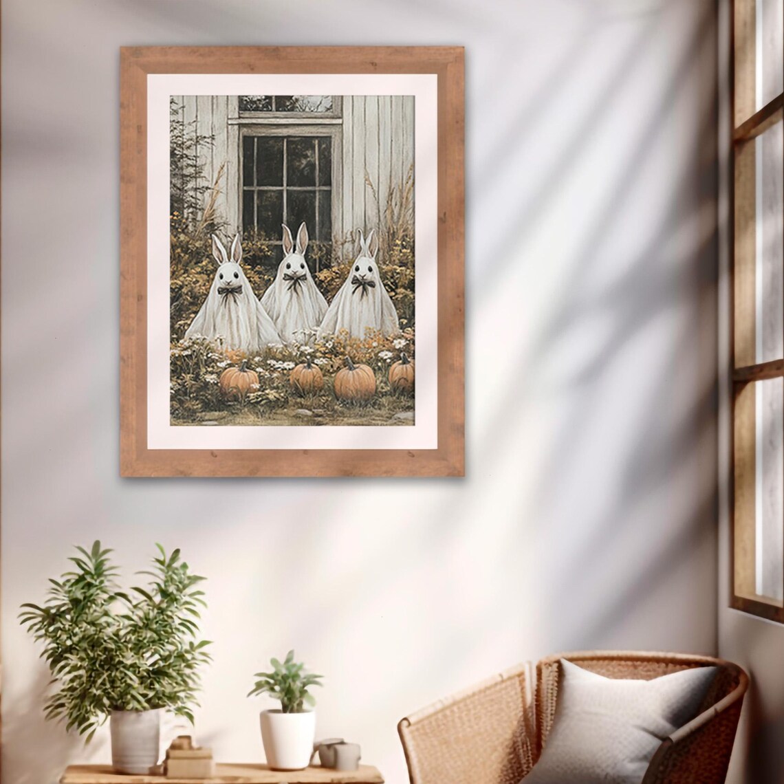Ghost Sheet Rabbits Pumpkin Patch Vintage Halloween Bunny Costume Poster - Image 2