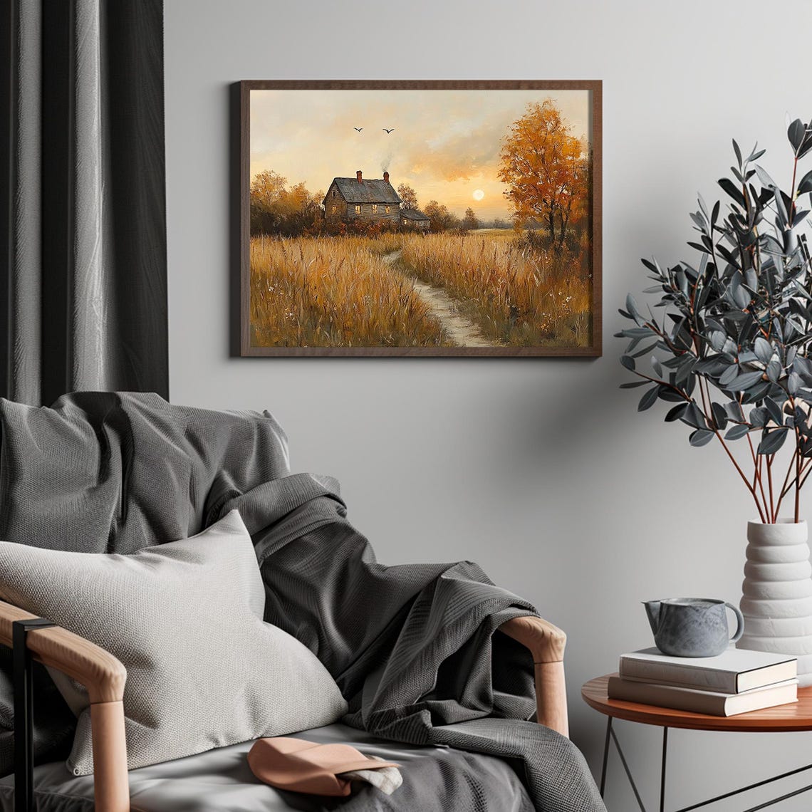 Warm Country Cottage at Sunset Golden Wheat Field Autumn Poster - Image 4