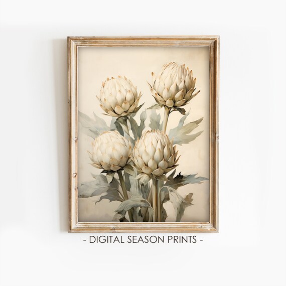 White Artichoke Blooms Vintage Botanical Still Life Watercolor Poster