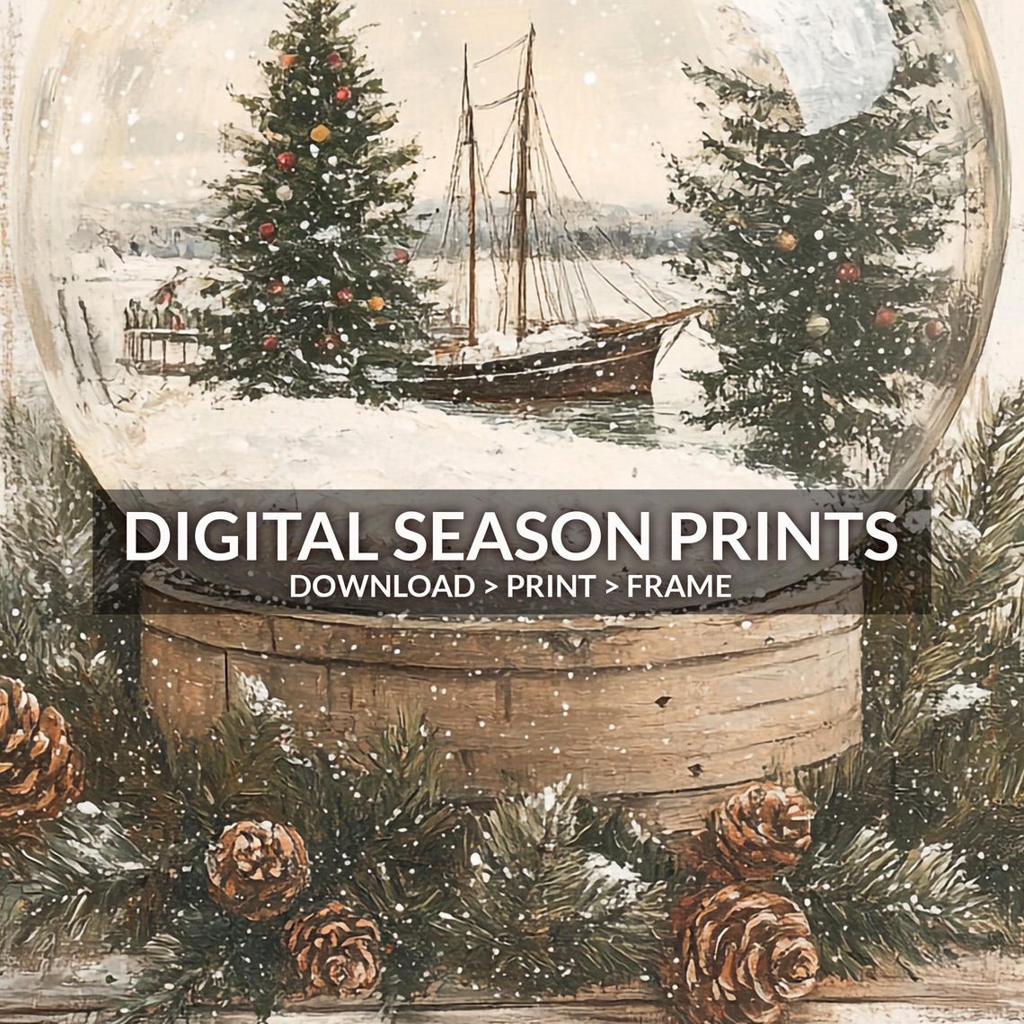 Nautical Christmas Snow Globe Vintage Ship Holiday Rustic Print - Image 6