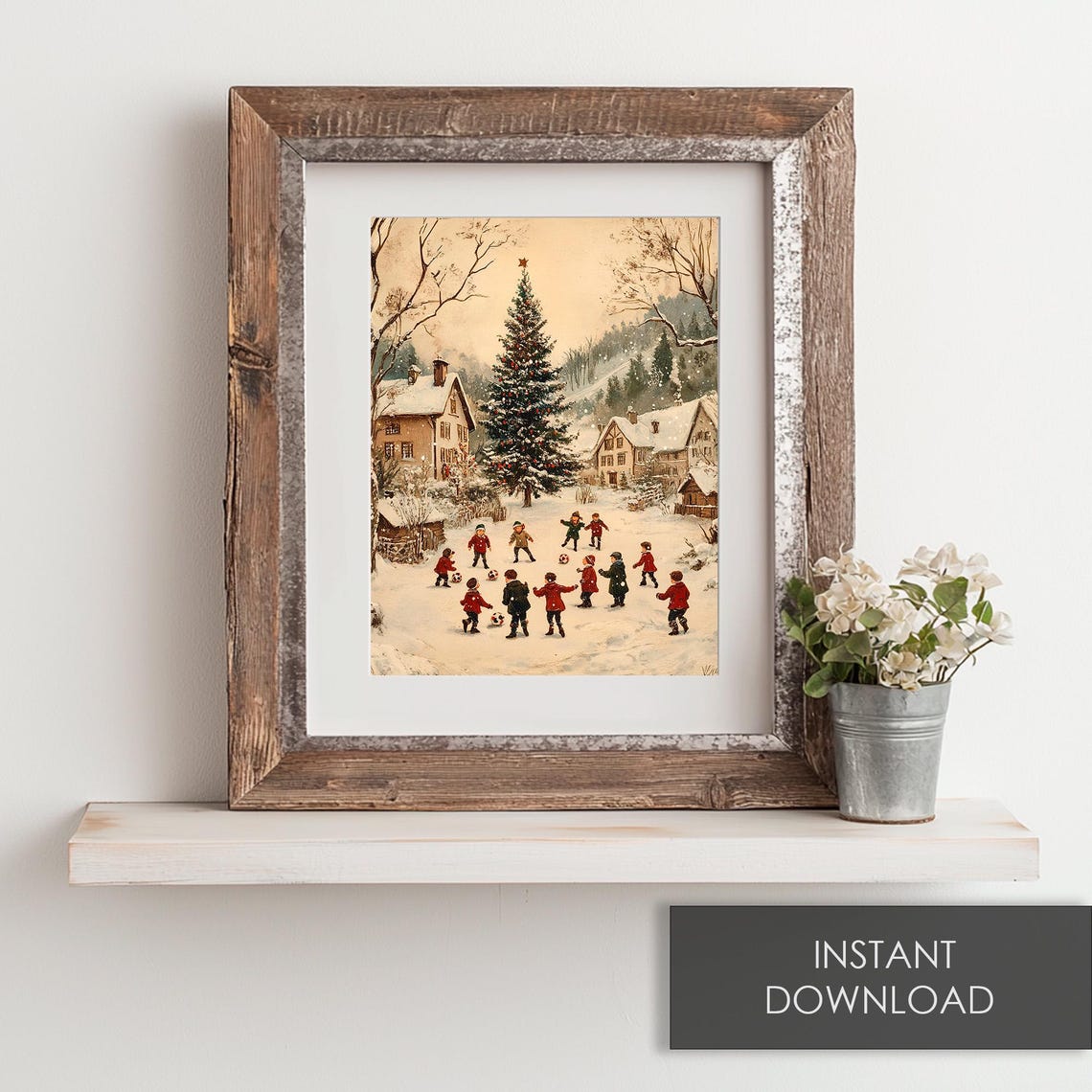 Kids Playing Soccer in Snow Under Big Christmas Tree Vintage Poster - Image 6