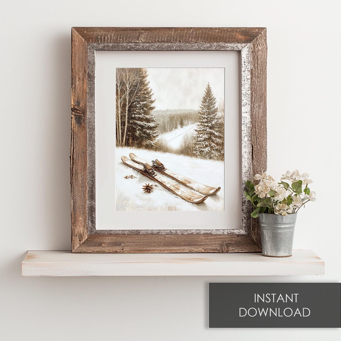 Old Wooden Skis Snowy Hill Pines Vintage Winter Scene Poster - Image 6