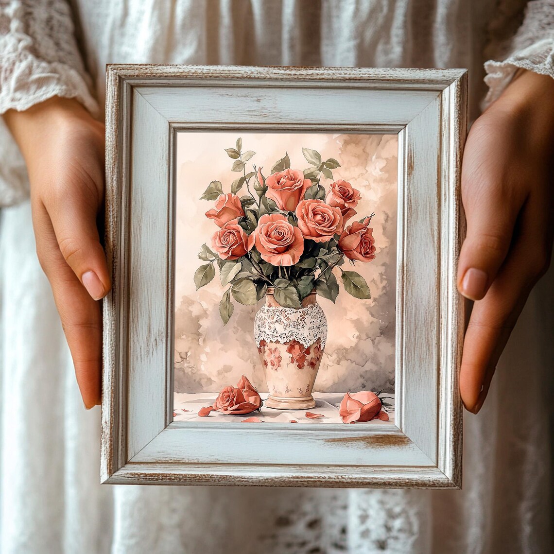 Coral Roses Lace Vase Vintage Floral Bouquet Still Life Art Print - Image 6