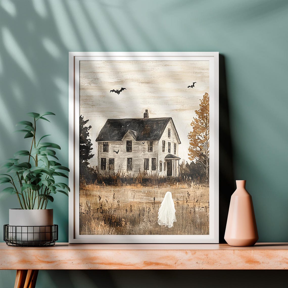 Haunted Farmhouse with Bats and a Lone Ghost Vintage Halloween Poster - Image 4