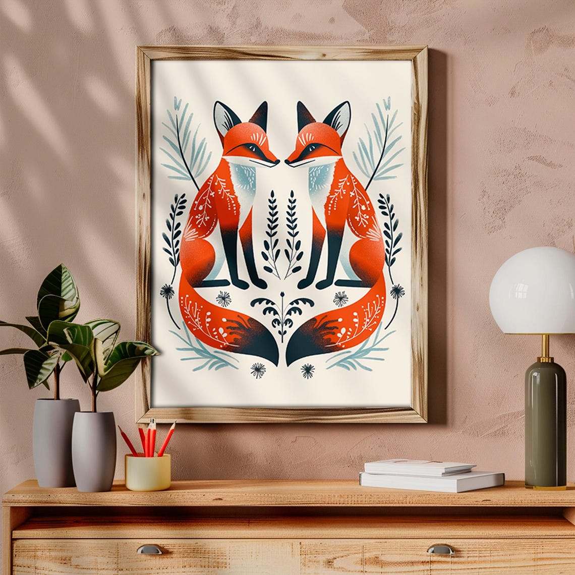 Pair of Mirrored Red Foxes Scandinavian Folk Art Animal Print - Image 6