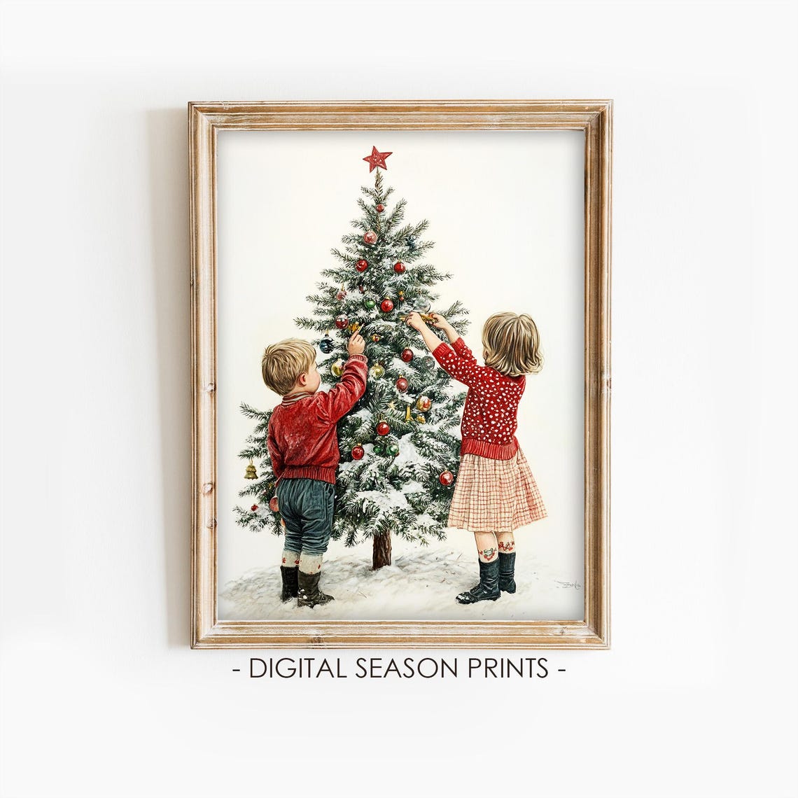 Vintage Children Decorating Christmas Tree Snowy Holiday Scene Print