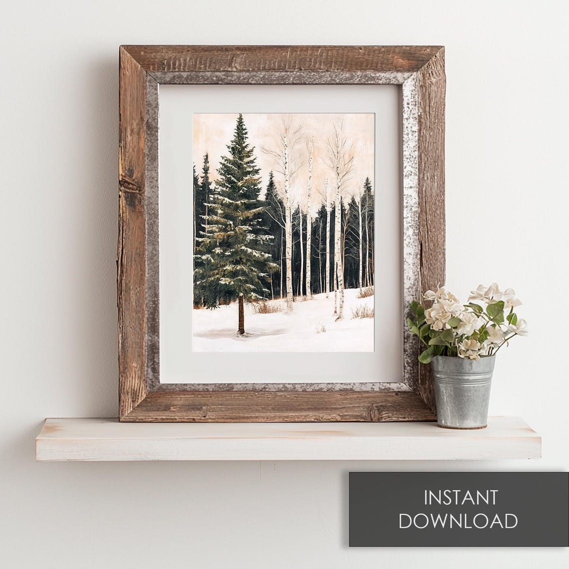 Snowy Birch And Pine Forest In Winter Neutral Beige Wall Art - Image 6