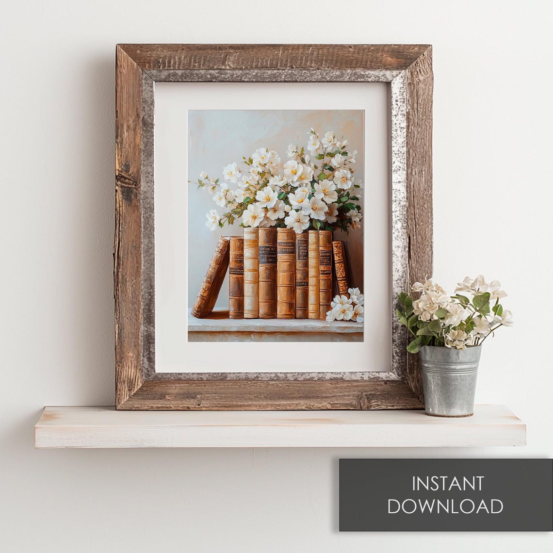 Vintage Books with White Blossoms Spring Floral Bookshelf Art Poster - Image 6
