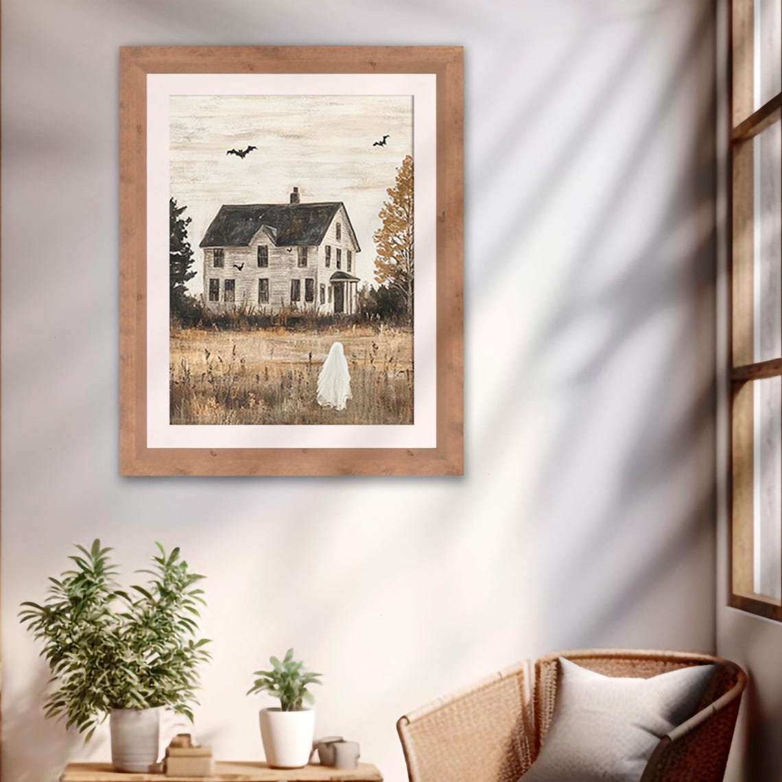 Haunted Farmhouse with Bats and a Lone Ghost Vintage Halloween Poster - Image 2