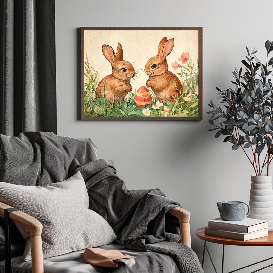 Two Easter Bunnies With Striped Egg In Spring Meadow Artwork Poster - Image 4