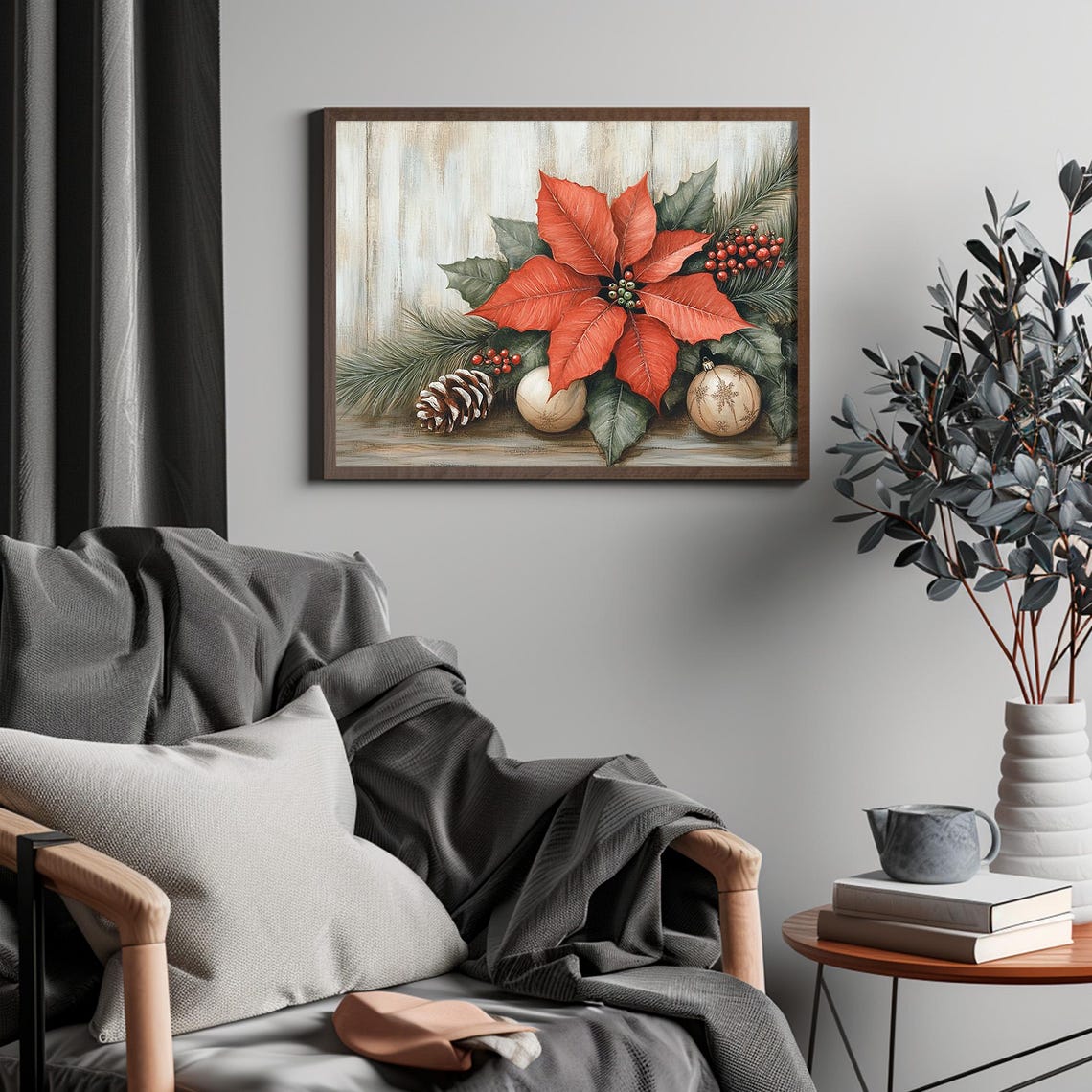 Red Poinsettia Christmas Bloom with Ornaments Holiday Floral Poster - Image 4