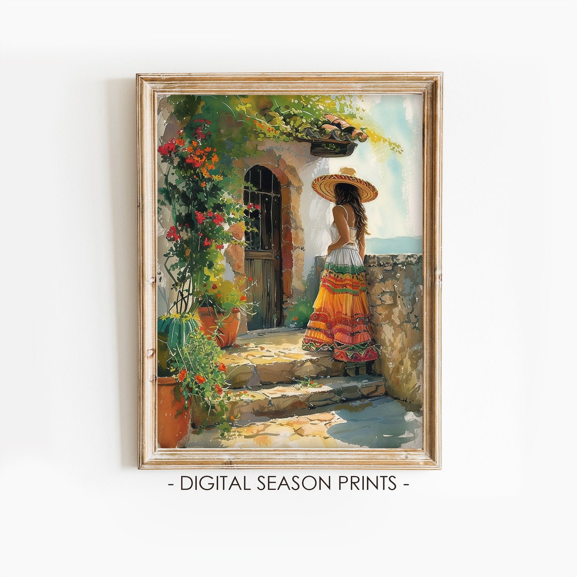 Mexican Woman in Sombrero at Seaside Terrace Watercolor Print