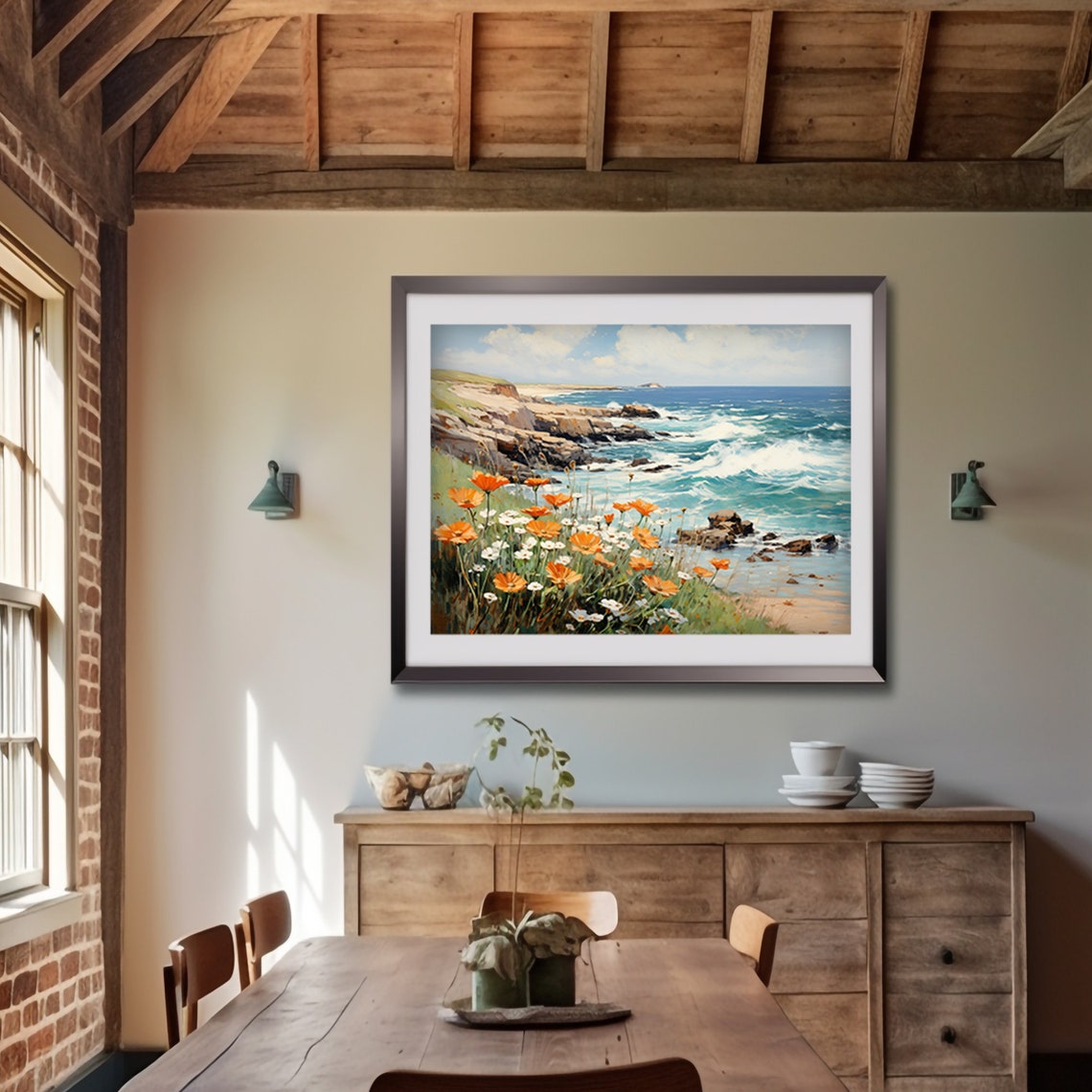 Rocky Ocean Coast with Orange Wildflowers Spring Painting Poster - Image 3