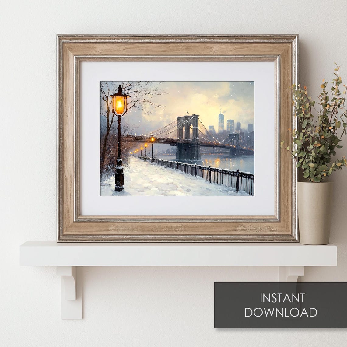Brooklyn Bridge Dusk Lampposts Snowy Promenade Evening Poster - Image 6