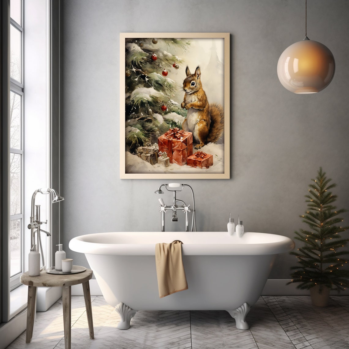 Red Squirrel With Christmas Gifts Under Snowy Pine Tree Print - Image 4
