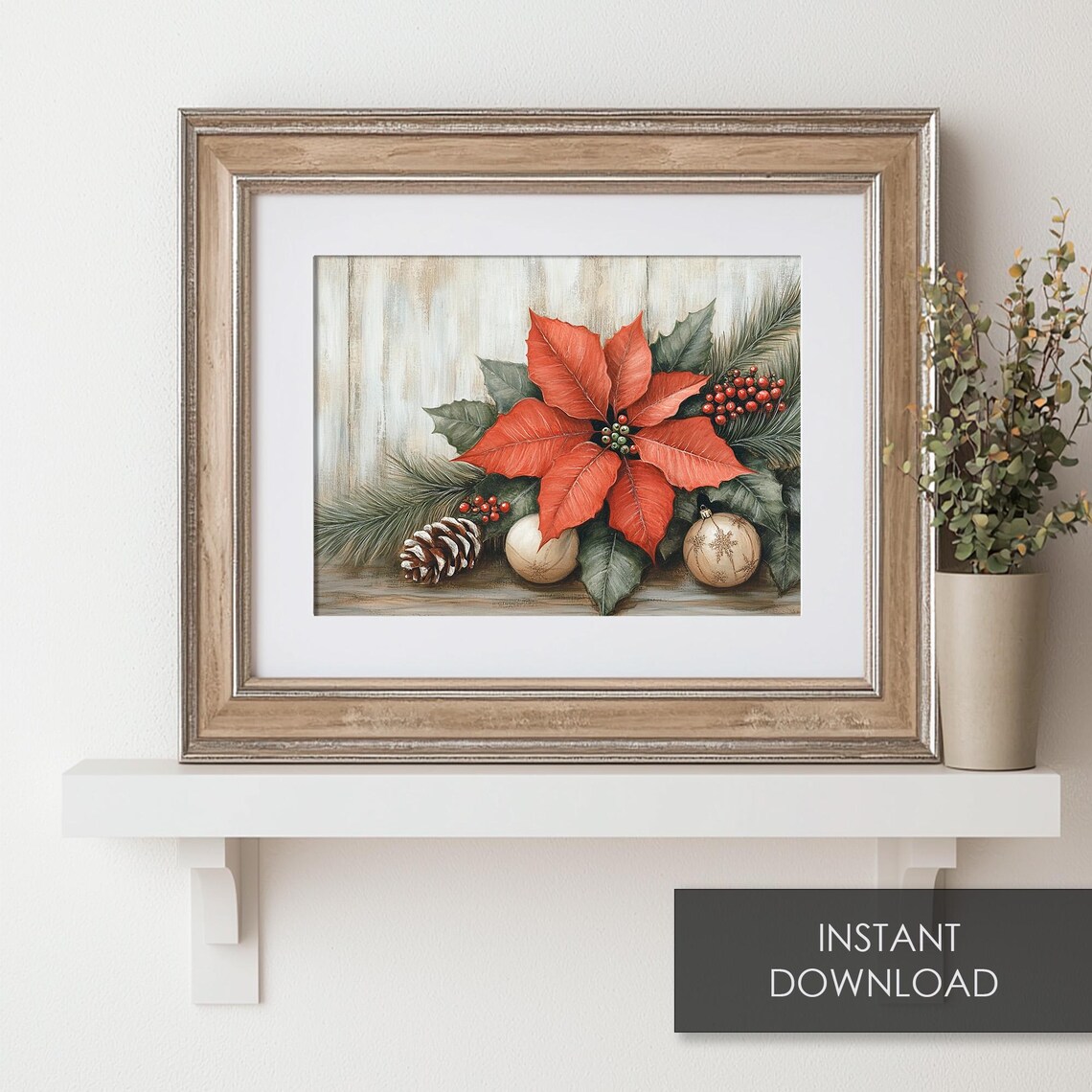 Red Poinsettia Christmas Bloom with Ornaments Holiday Floral Poster - Image 6