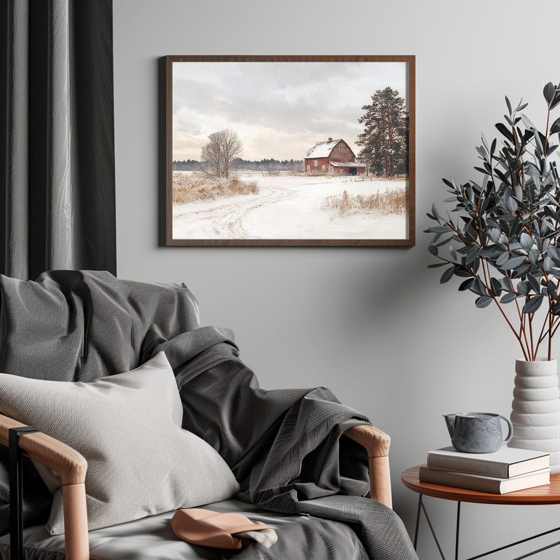 Red Barn in Snowy Winter Field Country Landscape Vintage Poster - Image 4