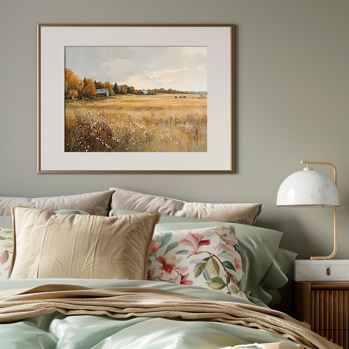 Autumn Meadow With Grazing Horses And Barns Golden Field Poster - Image 3