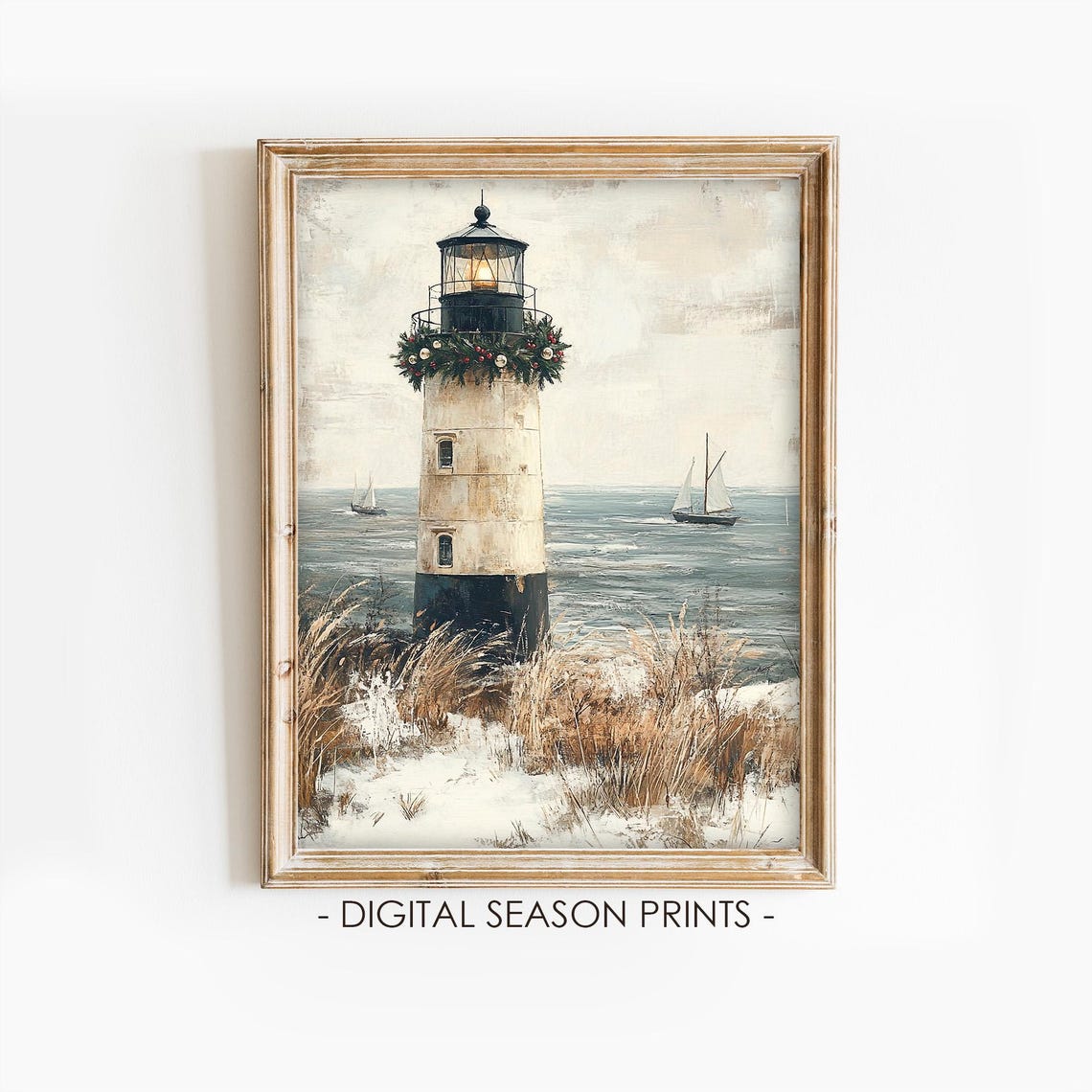 Coastal Lighthouse Christmas Garland Sailboat Winter Seascape Print