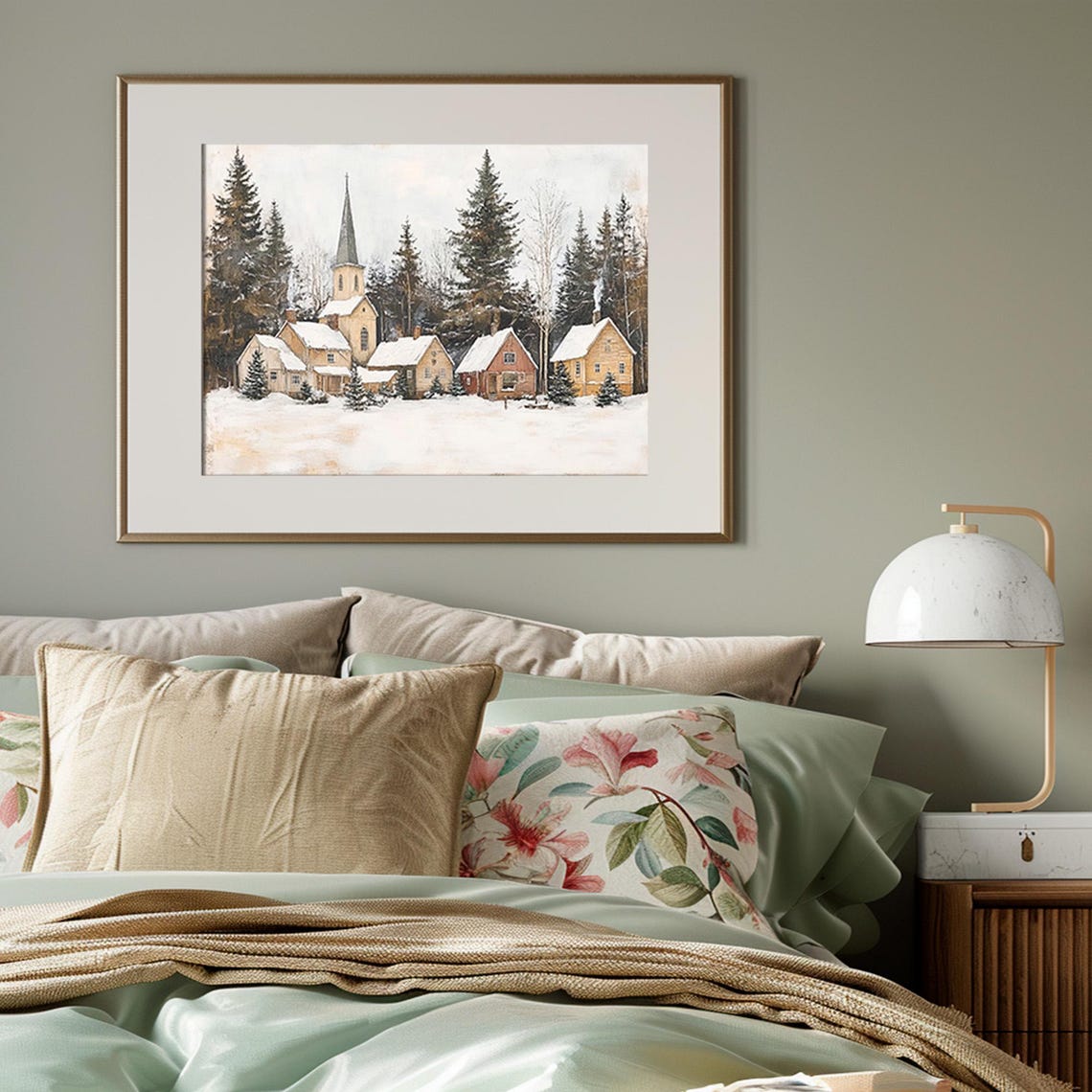 Winter Country Church Print Vintage Christmas Wall Art Snowy Landscape Painting Farmhouse Wall Decor Scandinavian Village - Image 4