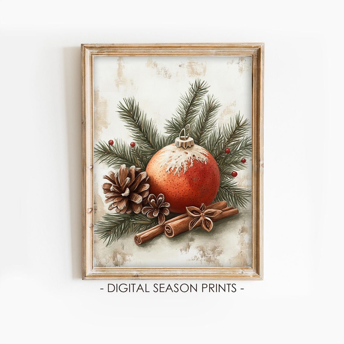 Red Christmas Ornament with Pine Cinnamon and Berries Vintage Poster