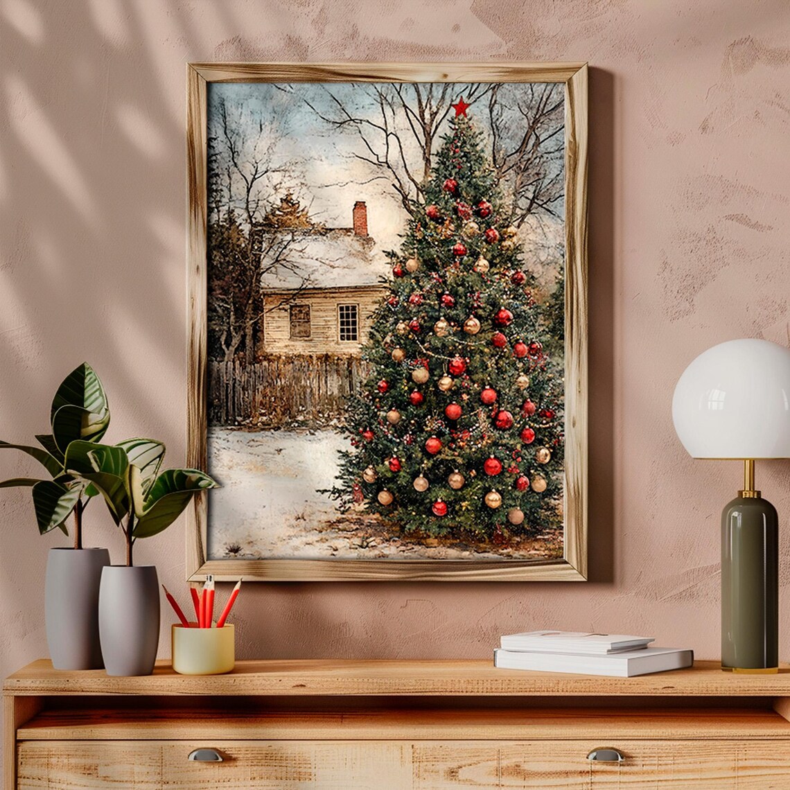 Outdoor Christmas Tree in Front of a Snowy Farmhouse Vintage Poster - Image 4
