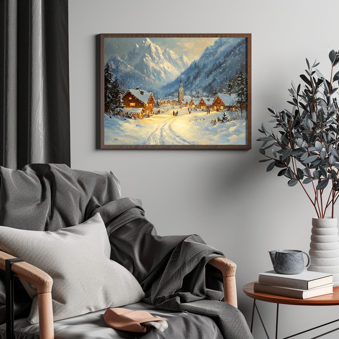 Snowy Alpine Village Night Glowing Windows Winter Night Poster - Image 4