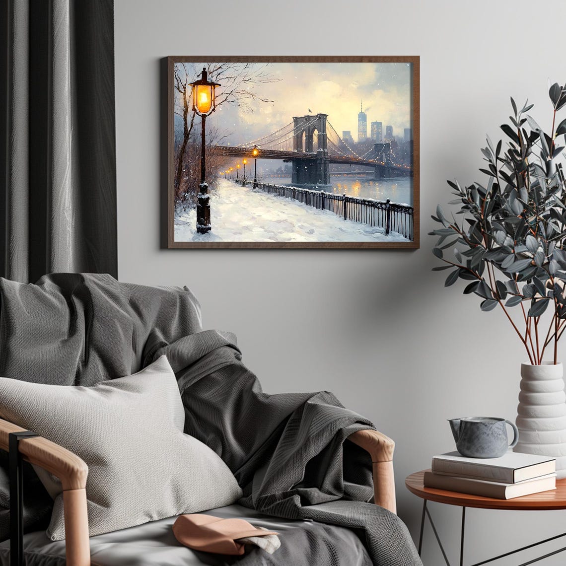 Brooklyn Bridge Dusk Lampposts Snowy Promenade Evening Poster - Image 4