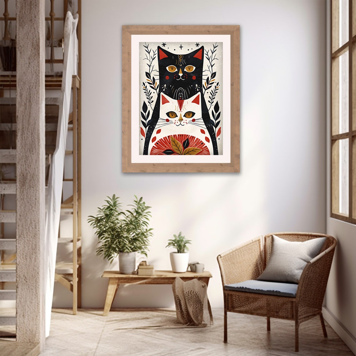 Scandinavian Folk Art Cats Black And White With Red Accents Poster - Image 3