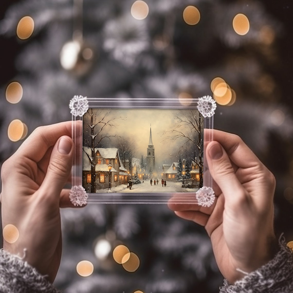 Evening Village Street Church Lampposts Winter Night Art Poster - Image 3