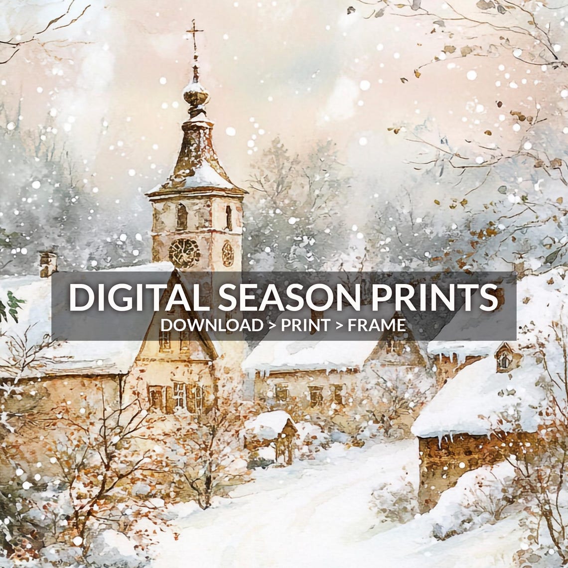 Snowy Village Watercolor With Church Tower In Soft Falling Snow Poster - Image 6