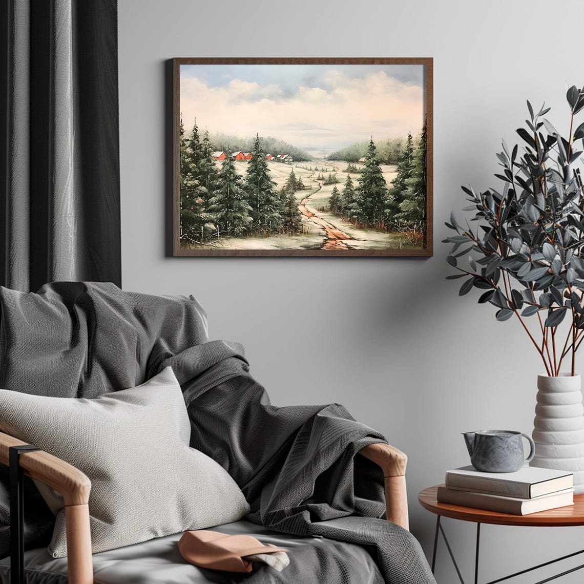 Snowy Pine Forest Path to Red Barn Vintage Christmas Tree Farm Poster - Image 2
