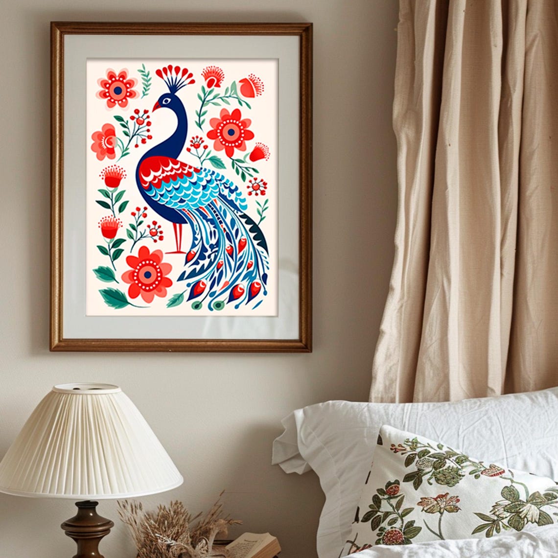Nordic Scandinavian Folk Art Peacock Navy Red Floral Wall Art - Image 5