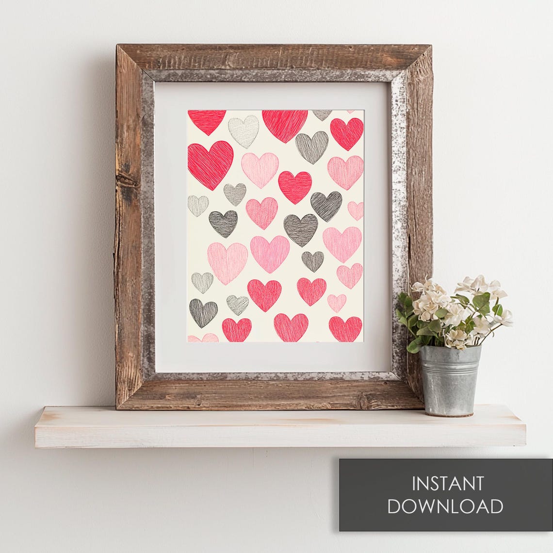 Sketchy Hearts Pattern Red Pink Grey Valentines Day Artistic Print - Image 6