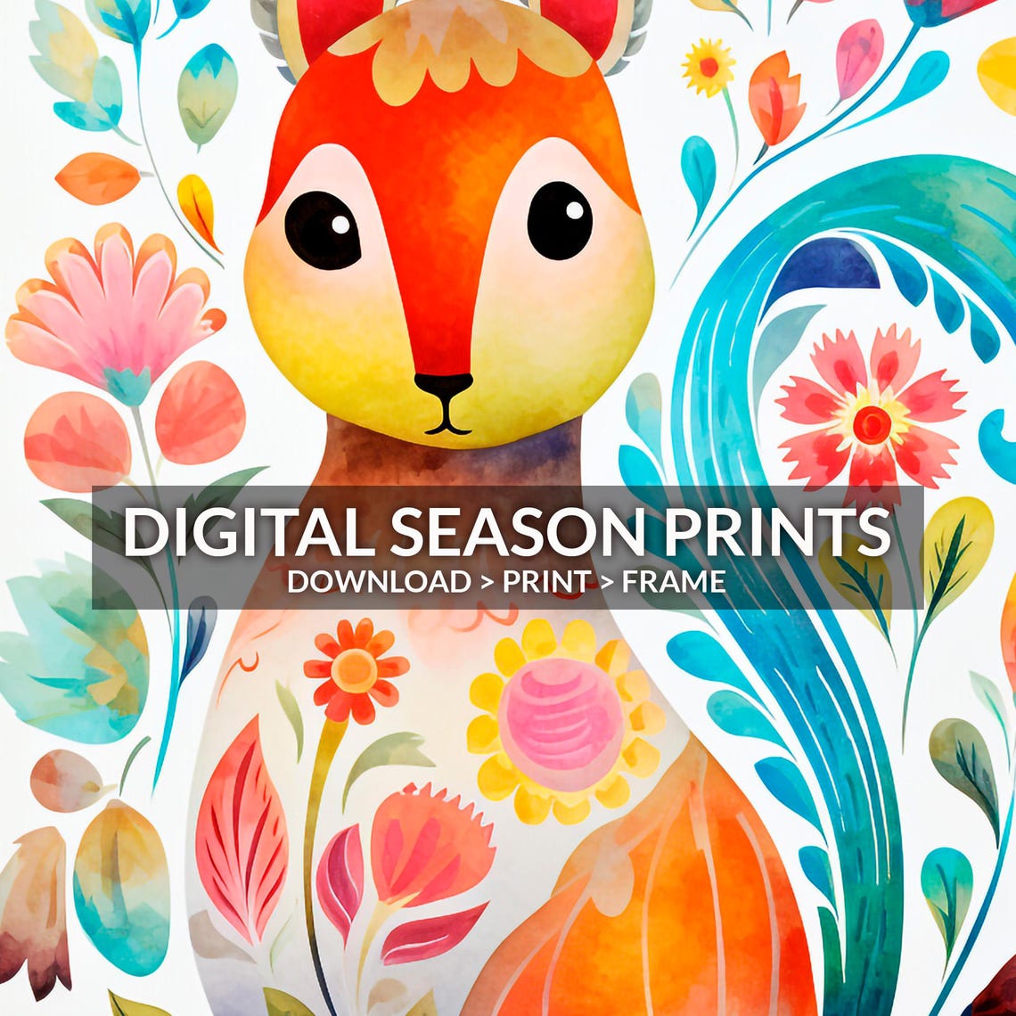 Scandinavian Folk Art Squirrel With Colorful Flowers Nordic Poster - Image 4