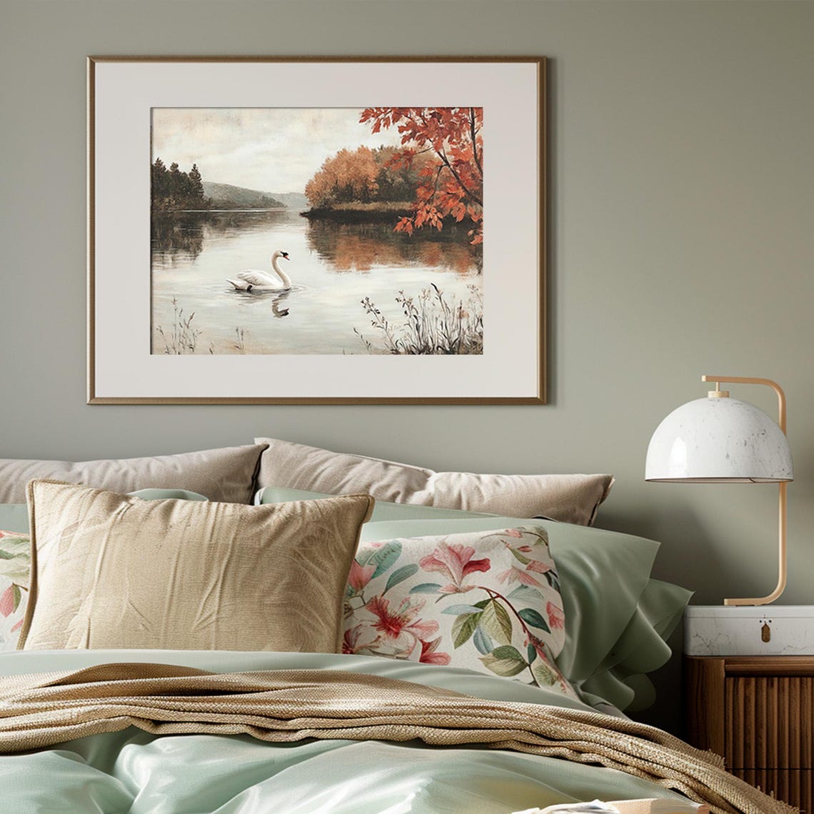 White Swan On A Misty Autumn Lake With A Red Maple Tree Poster - Image 3