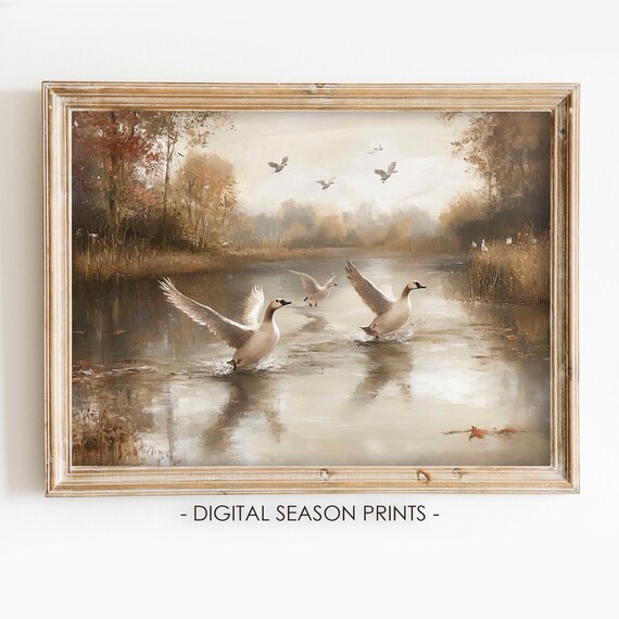 Geese Landing on a Misty Autumn Lake in Vintage Landscape Print