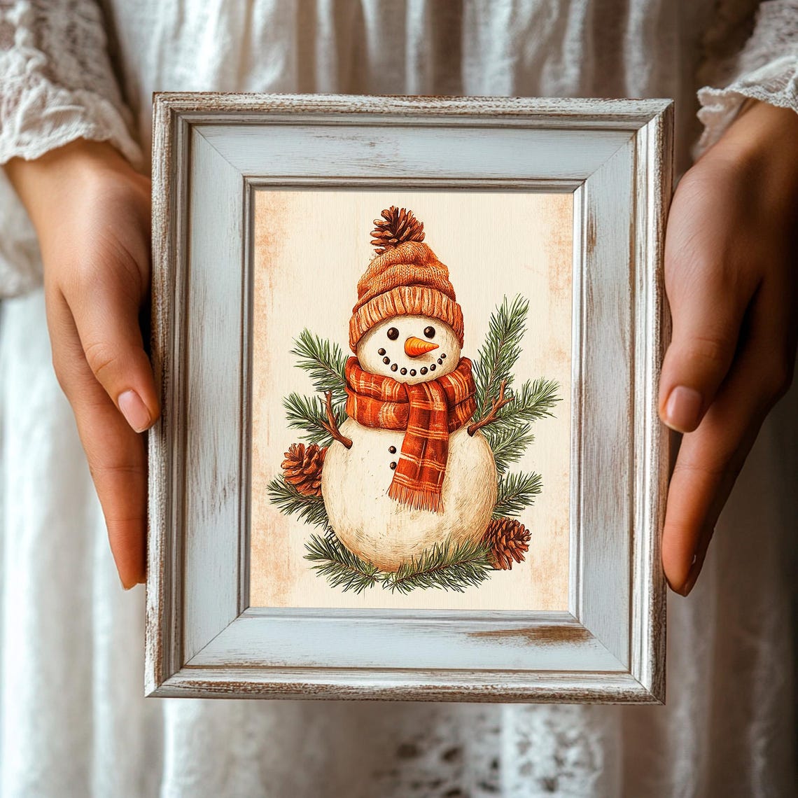 Snowman in a Knit Hat and Plaid Scarf with Pinecones Winter Poster - Image 3