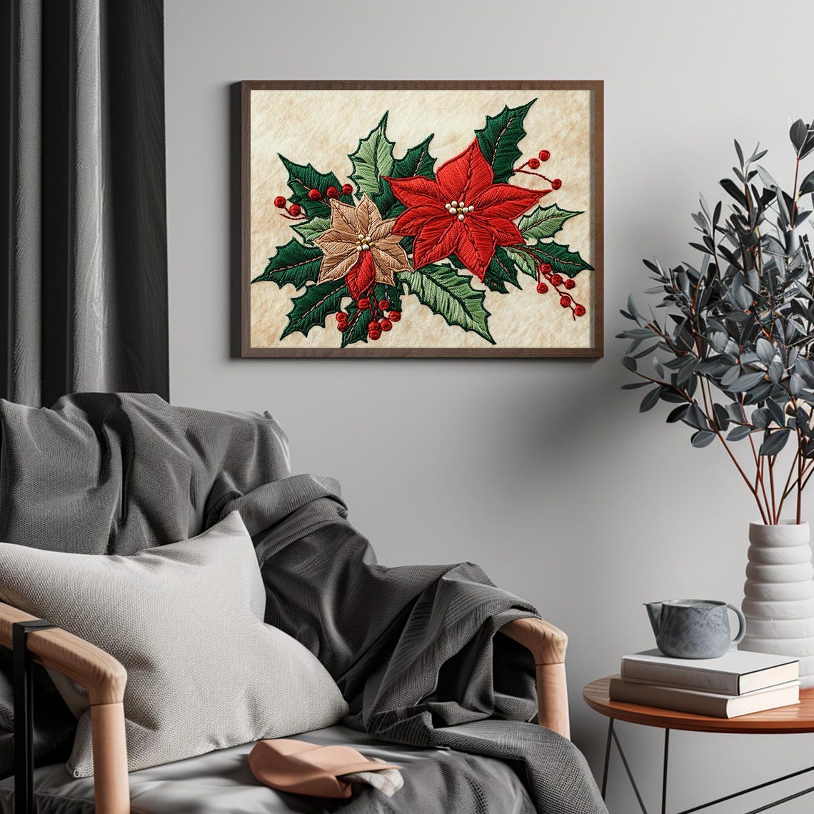 Embroidered Poinsettia Christmas Flower Vintage Holly Berries Print - Image 4