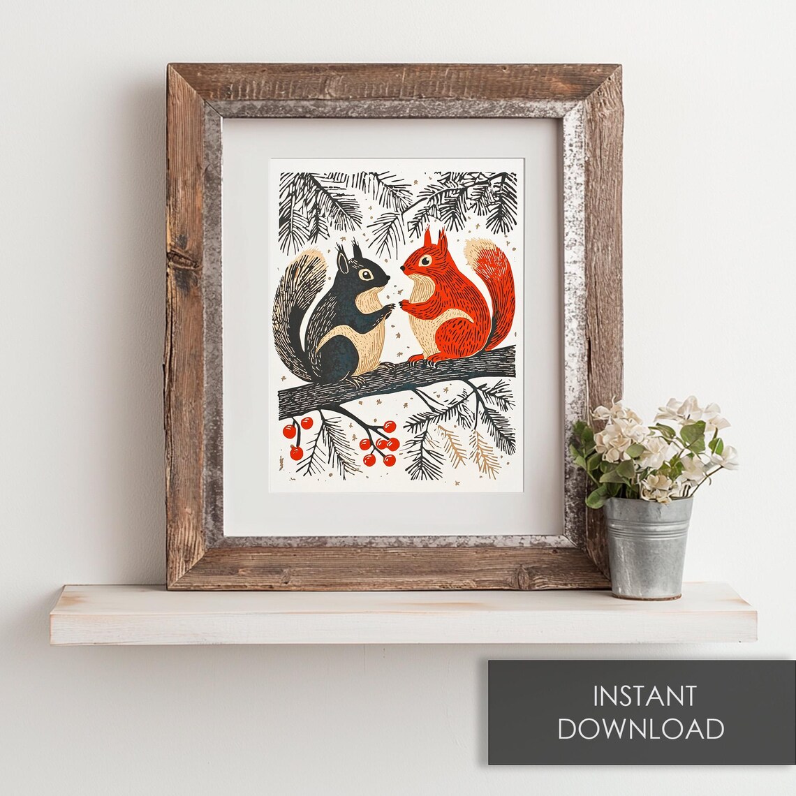 Nordic Folk Art Squirrels Berry Branch Scandinavian Woodland Decor Poster - Image 6
