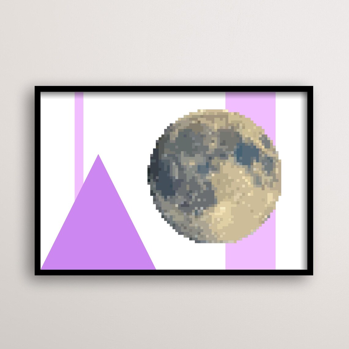 Retro Game Moon Pixel Art, Geometric Space Decor