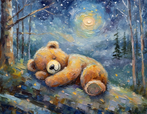 Teddy Bear Moon And Stars Nursery Decor Art Print