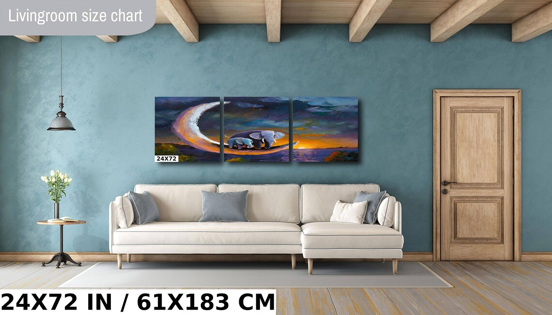 Mother And Baby Elephant On Crescent Moon Ocean Sunset Nursery Poster - Image 3