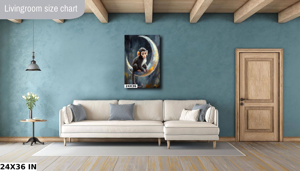 Baby Monkey On Crescent Moon Night Sky Sweet Nursery Wall Art Poster - Image 4