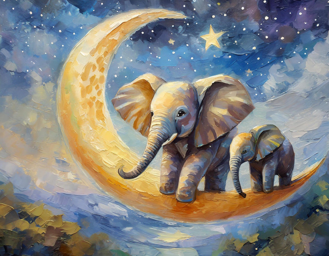 Baby Elephant And Mother On Golden Crescent Moon Starry Sky Poster