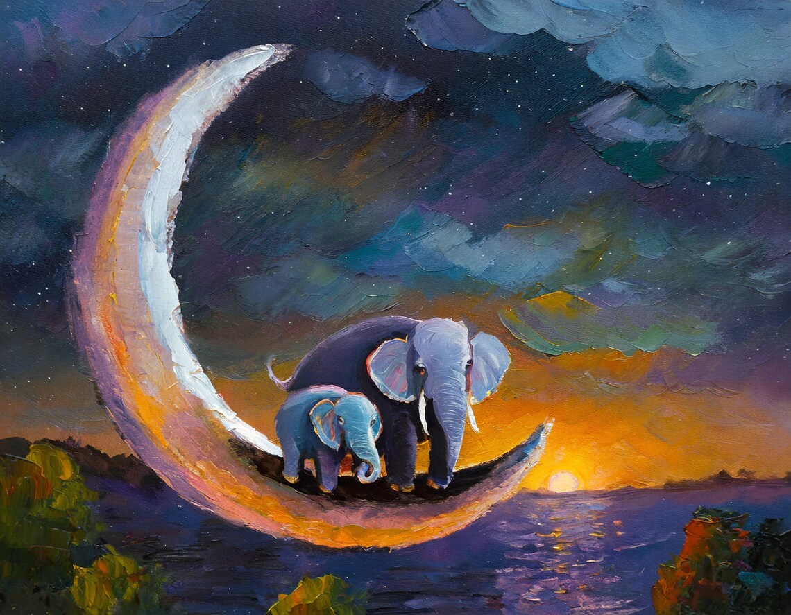 Mother And Baby Elephant On Crescent Moon Ocean Sunset Nursery Poster