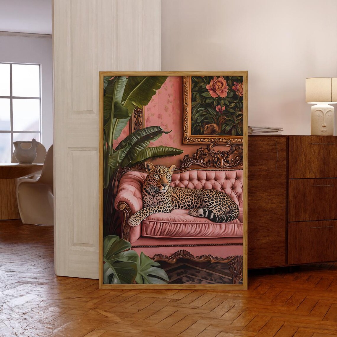 Leopard On Pink Sofa Poster, Maximalist Jungle Print