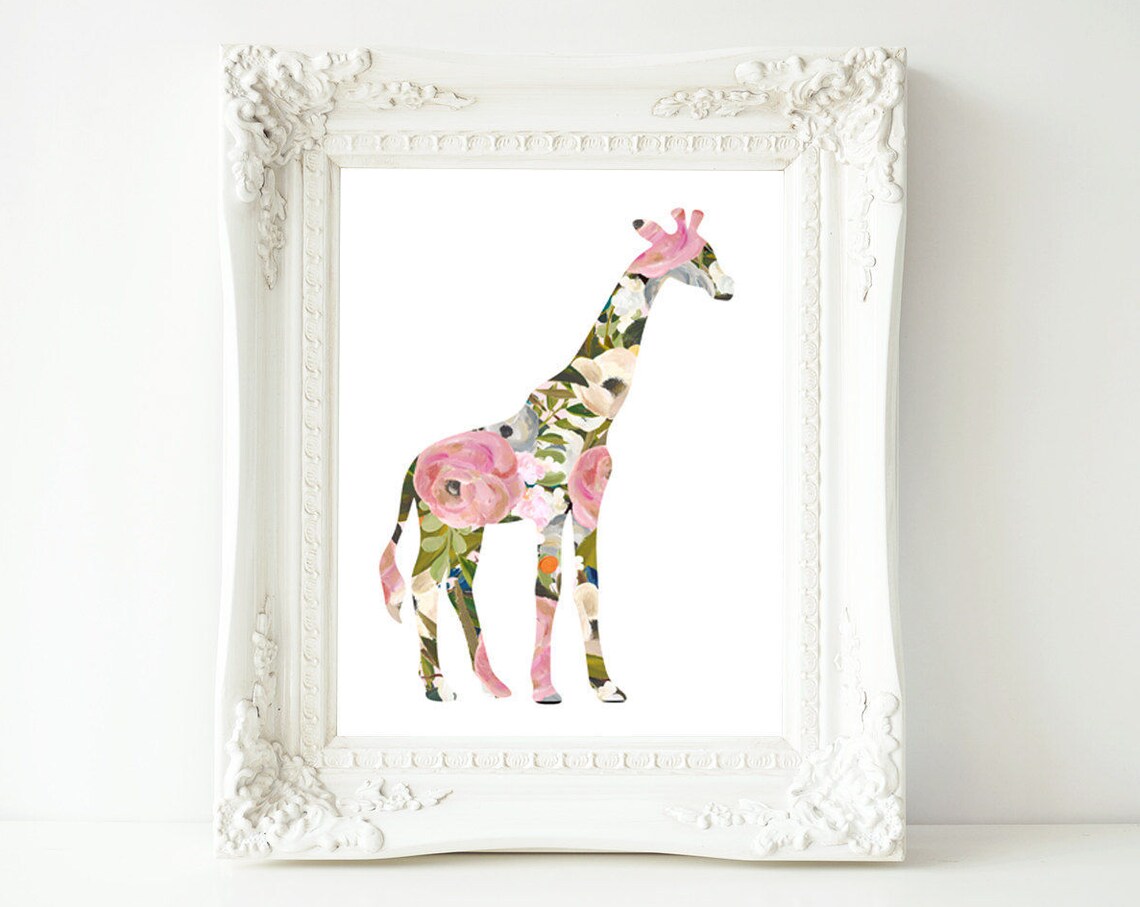 Giraffe Baby Girl Nursery Decor Print, Love Pink Gray
