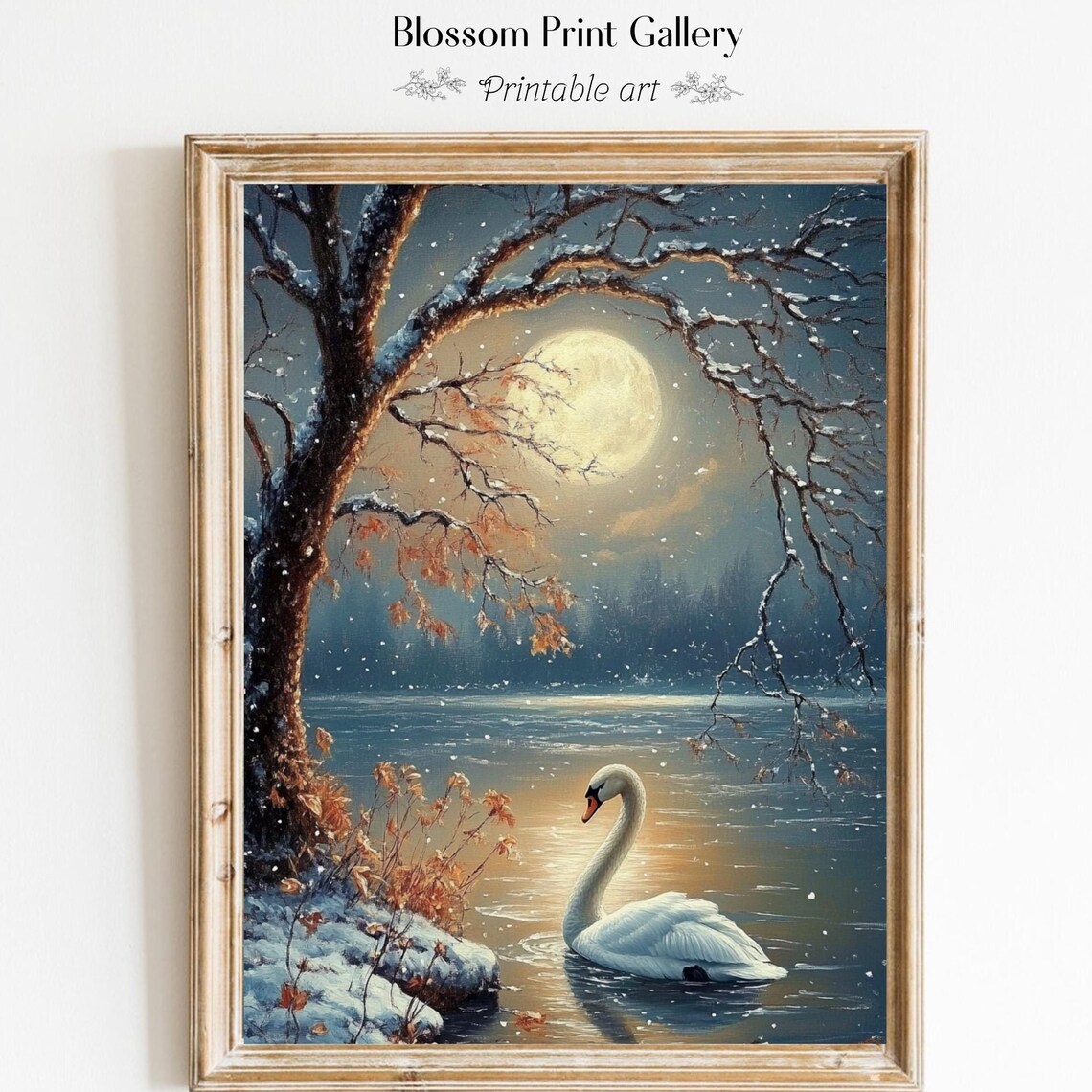 White Swan on Moonlit Winter Lake with Snowy Branches Night Painting Poster