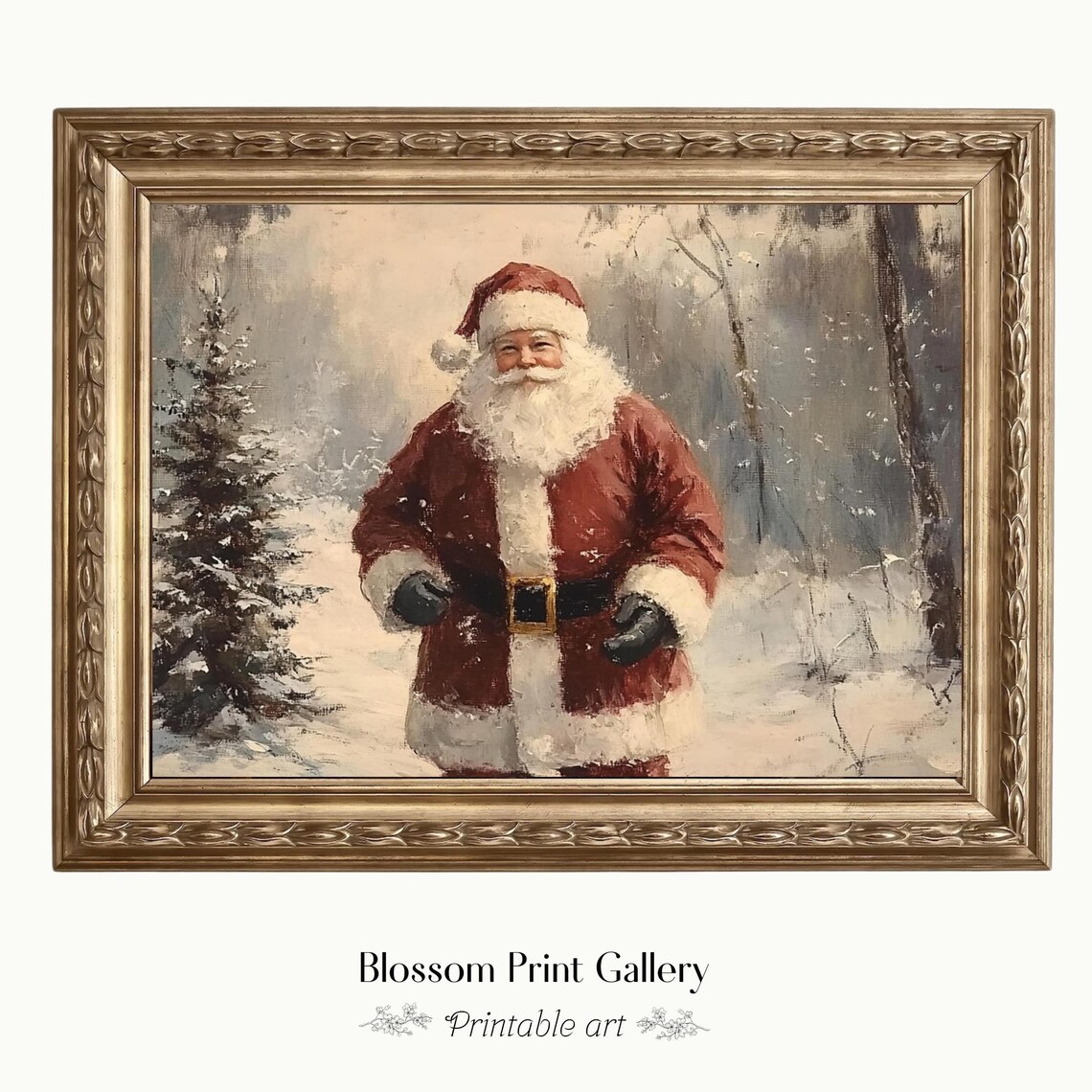 Vintage Santa Claus Walking Snowy Winter Forest Oil Art Poster